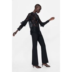 Zara Basic Black Lace Blouse Faux Leather Trim‎ Ruffle Sleeve Shirt